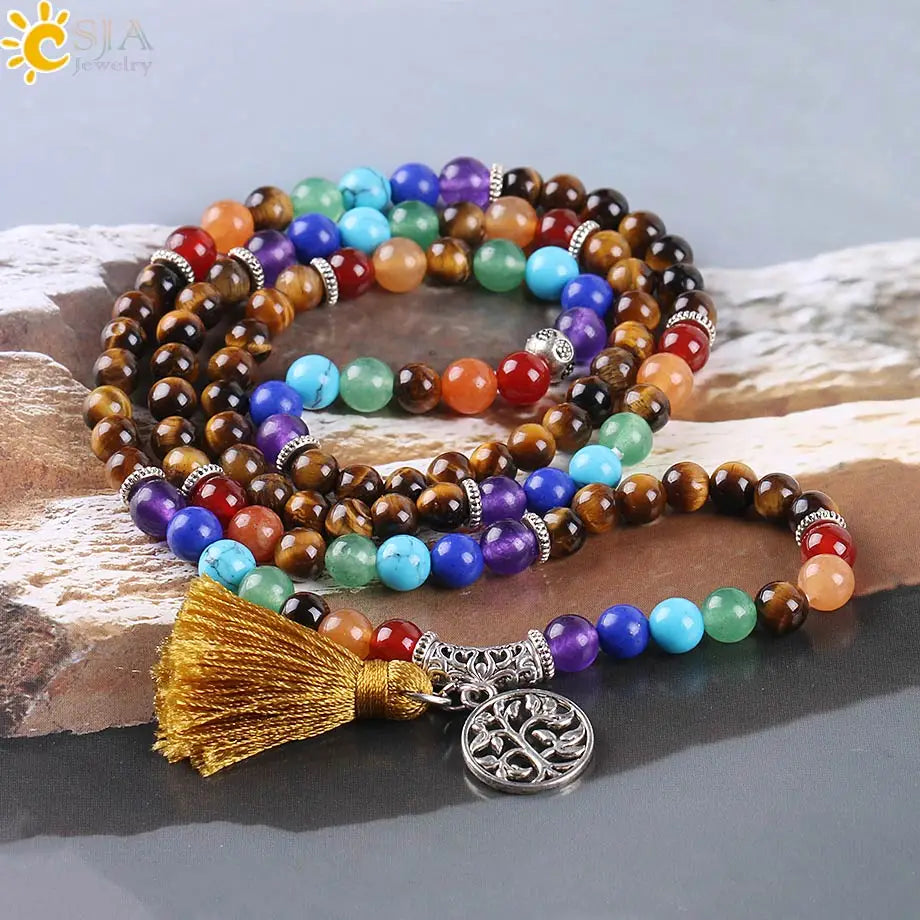 Natural Gem Stone Mala Prayer Beads Healing Wrap Bracelets 7 Chakra  Meditation Jewelry Rose Quartz