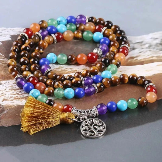 Natural Gem Stone Mala Prayer Beads Healing Wrap Bracelets 7 Chakra  Meditation Jewelry Tiger's Eye