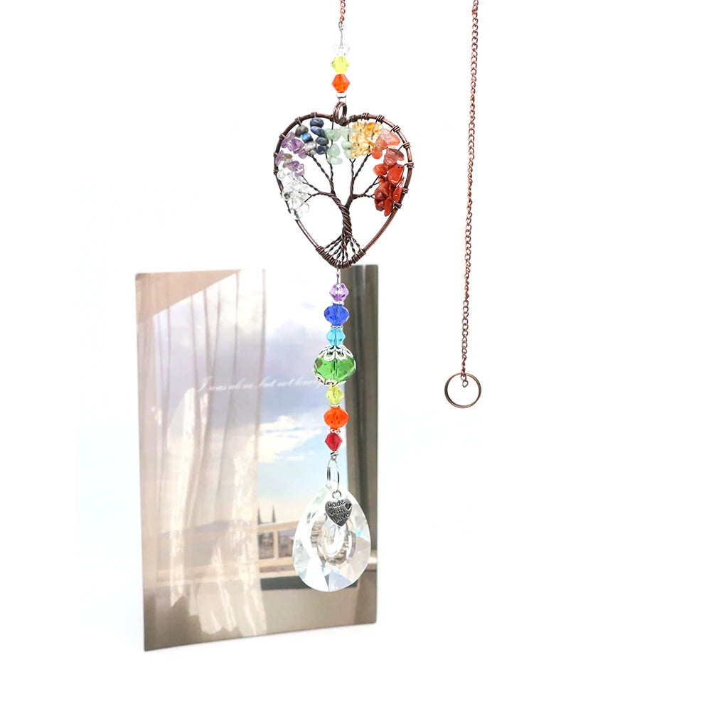 Rainbow Crystal Sun Catcher Tree Of Life Hanging 7 Chakra Stone Window Prism Car Decor 5pcs