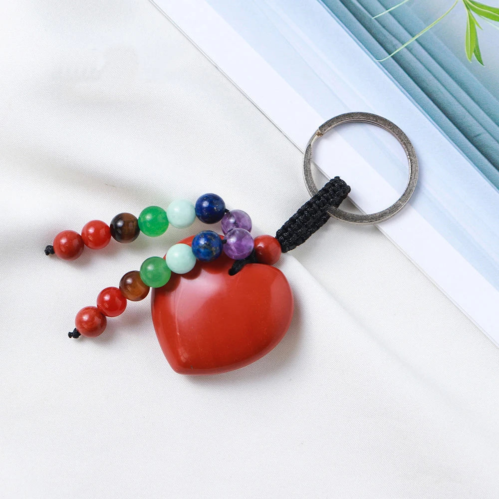 Natural Stones Heart Shape With Crystal Beads Keychain 7 Chakra Healing Tiger Eye