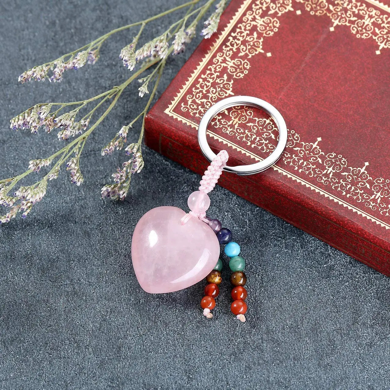 Natural Stones Heart Shape With Crystal Beads Keychain 7 Chakra Healing Amethyst