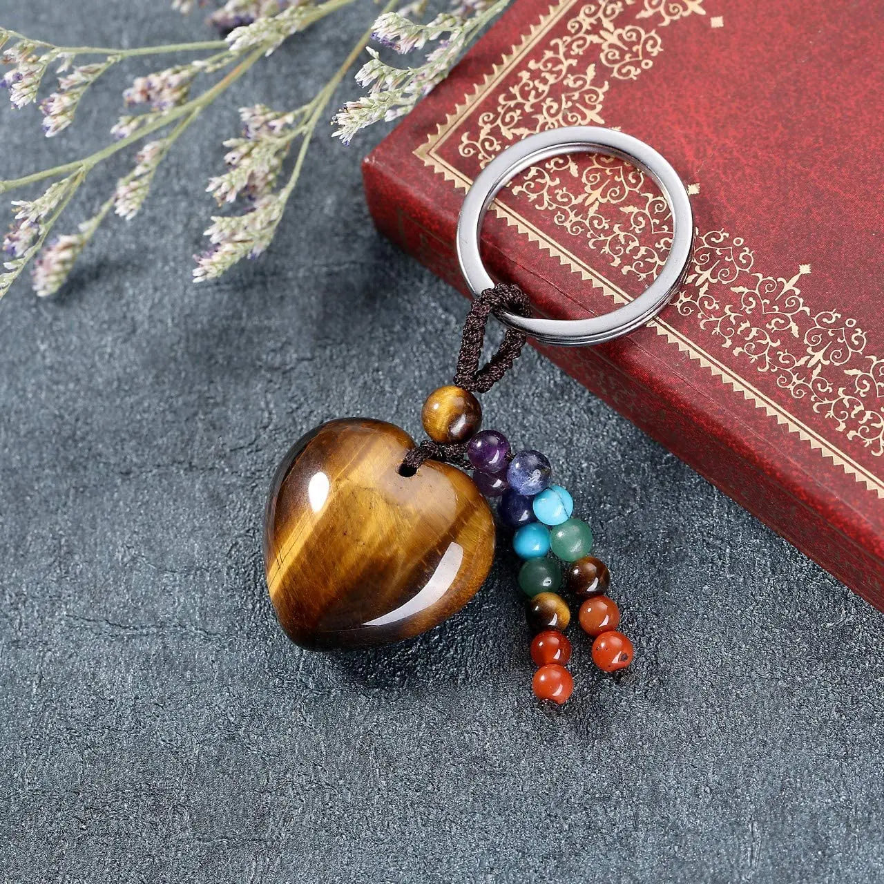 Natural Stones Heart Shape With Crystal Beads Keychain 7 Chakra Healing Jasper