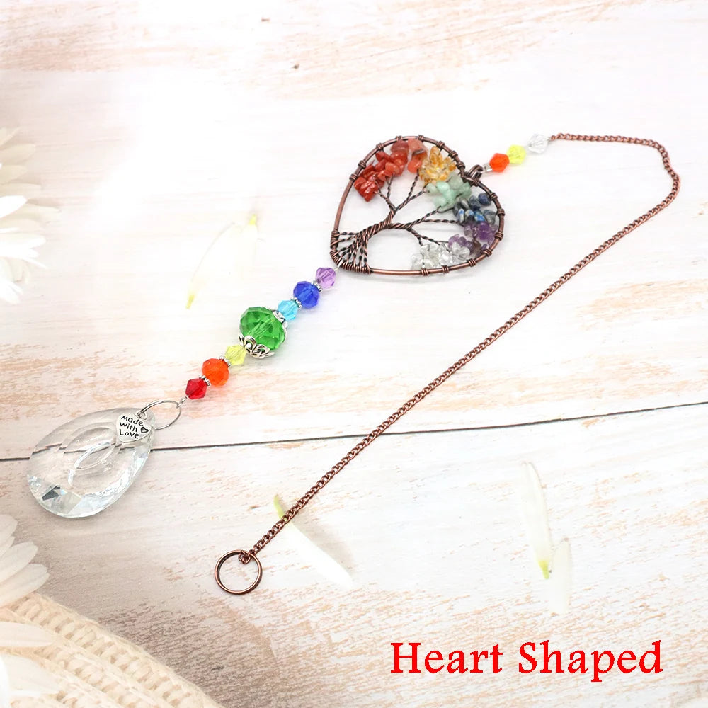 Rainbow Crystal Sun Catcher Tree Of Life Hanging 7 Chakra Stone Window Prism Car Decor 5pcs