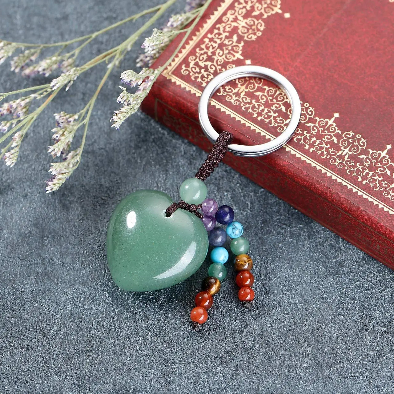 Natural Stones Heart Shape With Crystal Beads Keychain 7 Chakra Healing Jasper