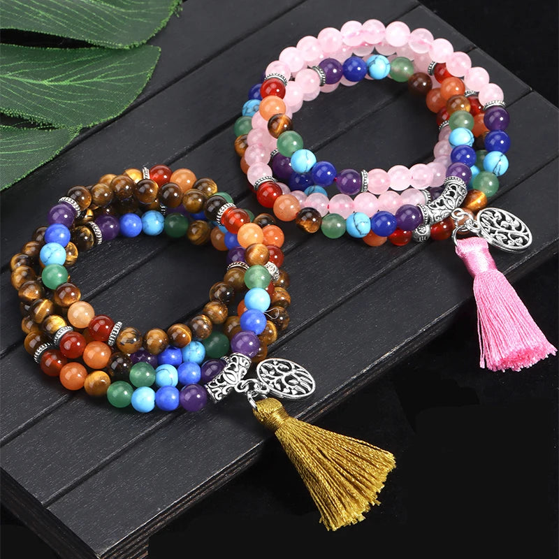 Natural Gem Stone Mala Prayer Beads Healing Wrap Bracelets 7 Chakra  Meditation Jewelry Rose Quartz