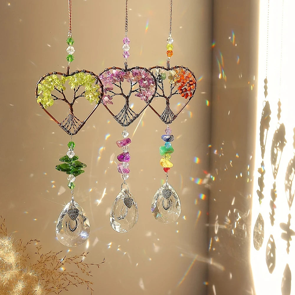 Rainbow Crystal Sun Catcher Tree Of Life Hanging 7 Chakra Stone Window Prism Car Decor 5pcs