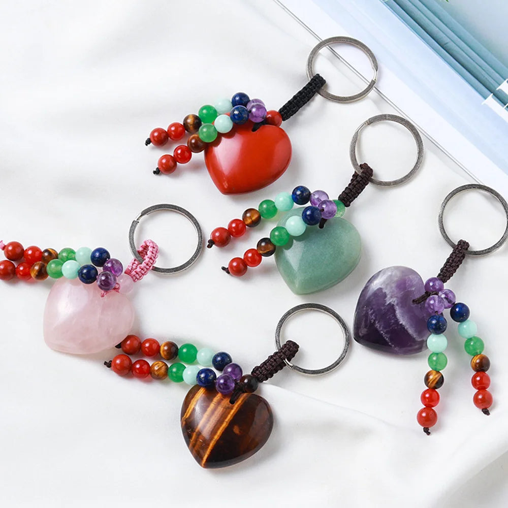 Natural Stones Heart Shape With Crystal Beads Keychain 7 Chakra Healing Jasper